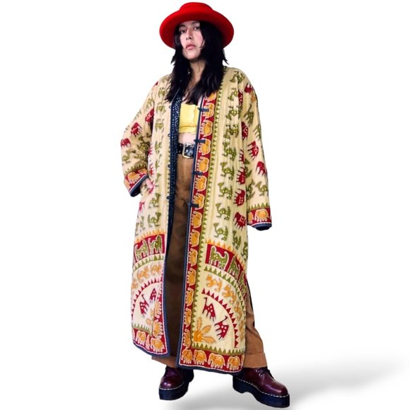 Sold-vintage boho batik long-line patchwork quilted coat - Picture 4 of 9